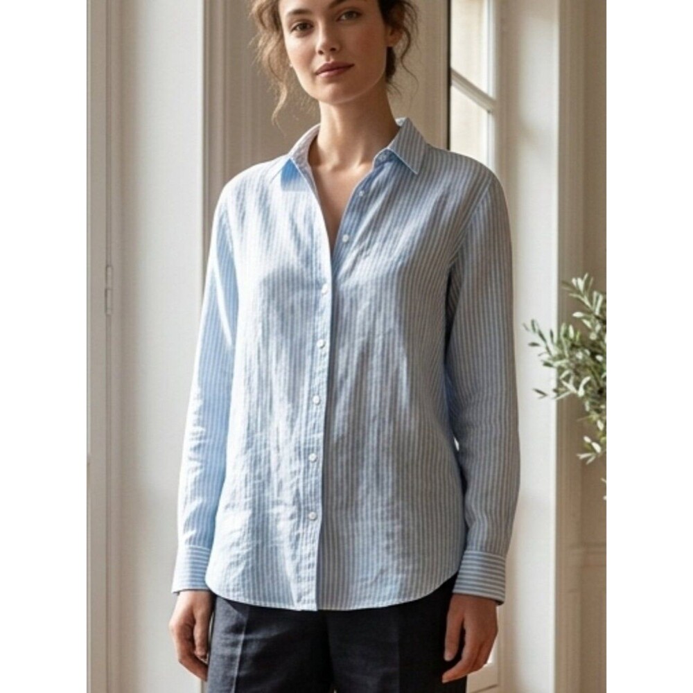 J Jill Love Linen Sea Blue & White Stripe Shirt Size Small